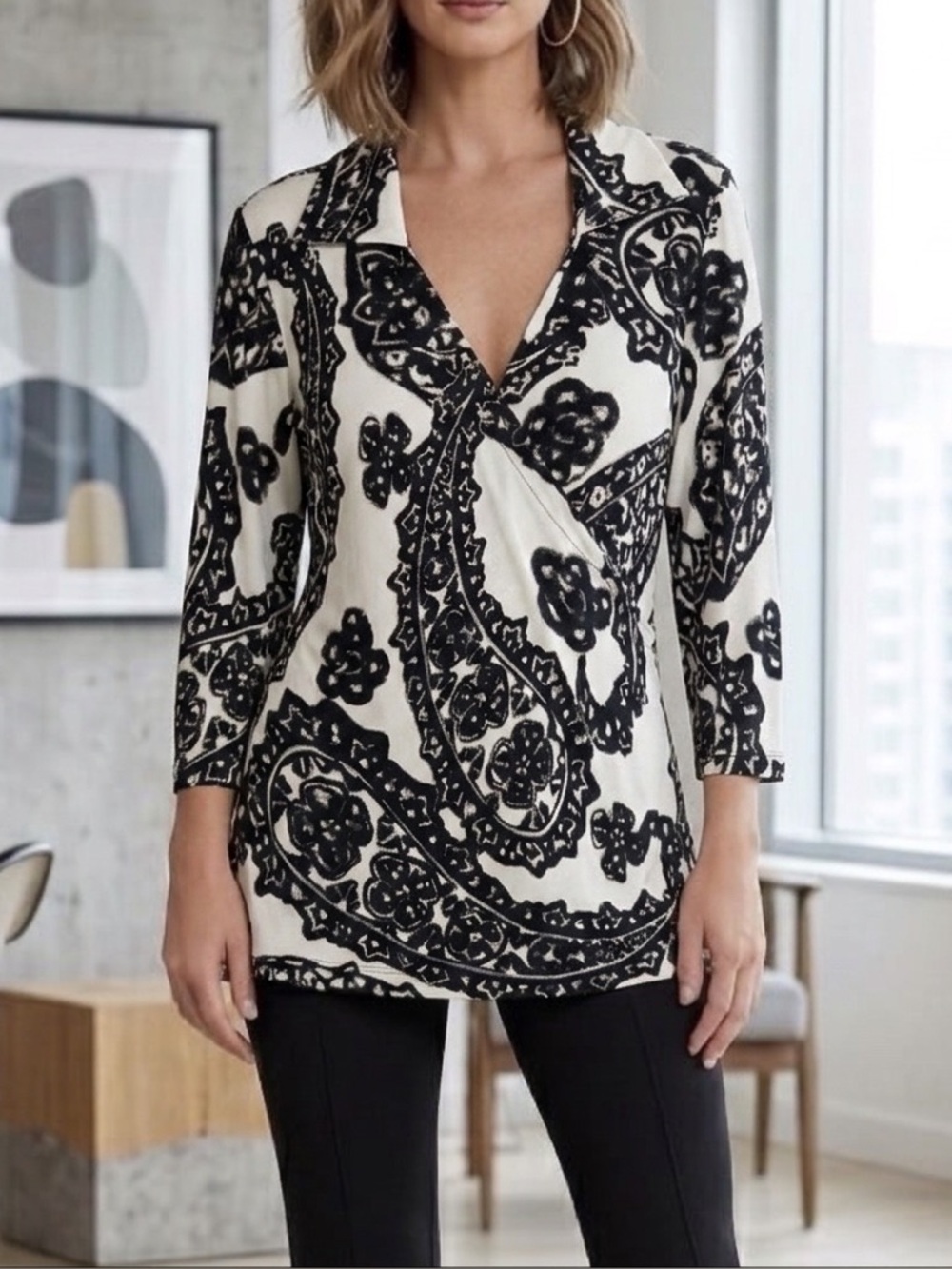 Chico’s Faux Wrap Collared Easywear Paisley Beige Black Top 2/L